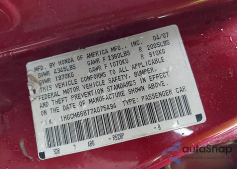 2007 Honda Accord 3.0 Ex z USA, uszkodzony, nr VIN 1HGCM66877A075494